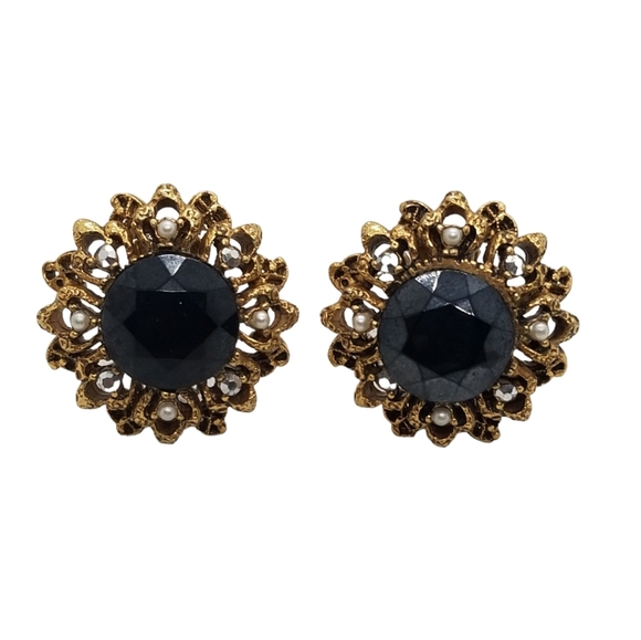 FLORENZA 1960 GOLDTONED, BLACK GLASS & FAUX PEARL STATEMENT CLIP ON EARRINGS - Picture 4 of 6